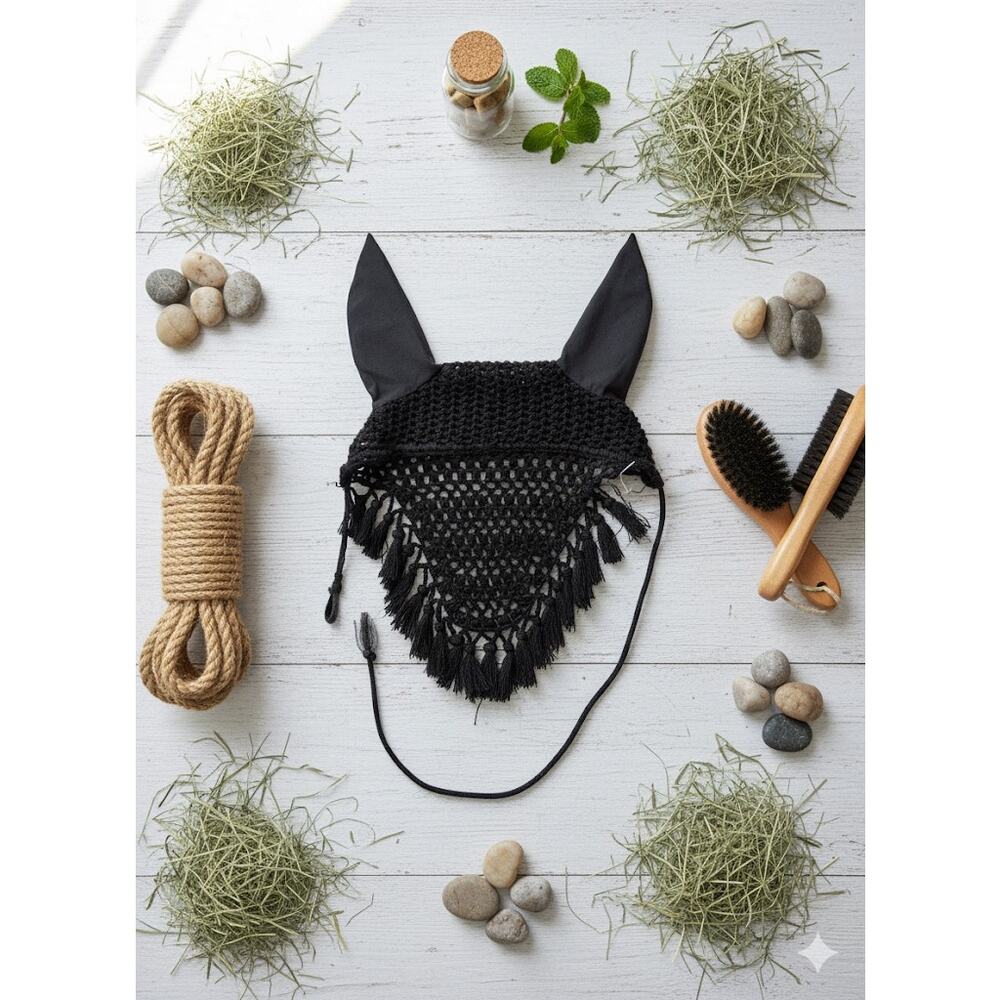 Black Crocheted Horse Fly Mask / Bonnet